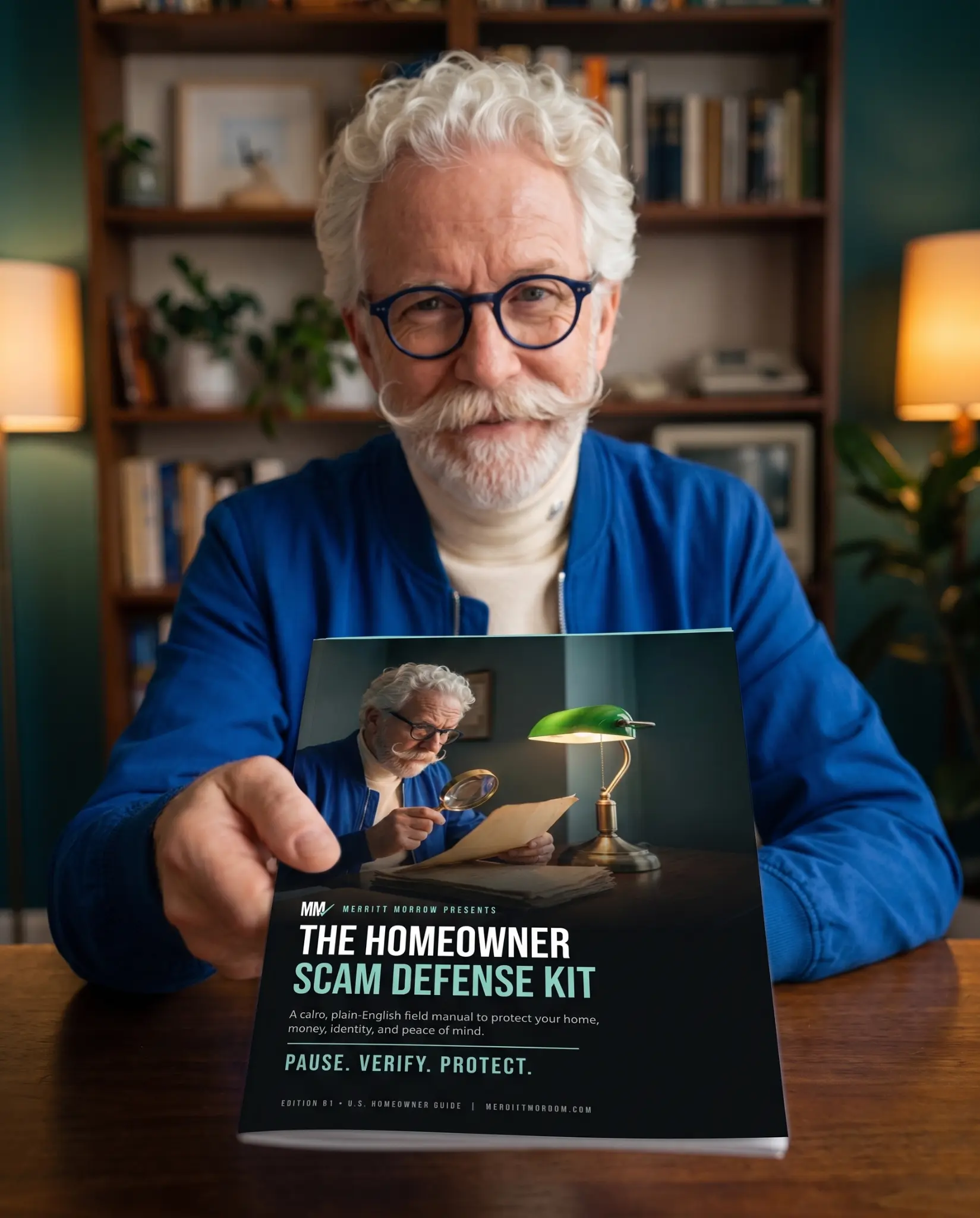 Merritt Morrow holding a copy of the Homeowner Scam Defense Kit